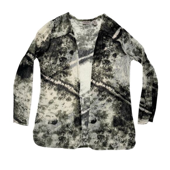 CHICOS EASYWEAR Green Black Tan Abstract Open Mesh Cardigan Sz Small (0) Womens - Picture 4 of 9